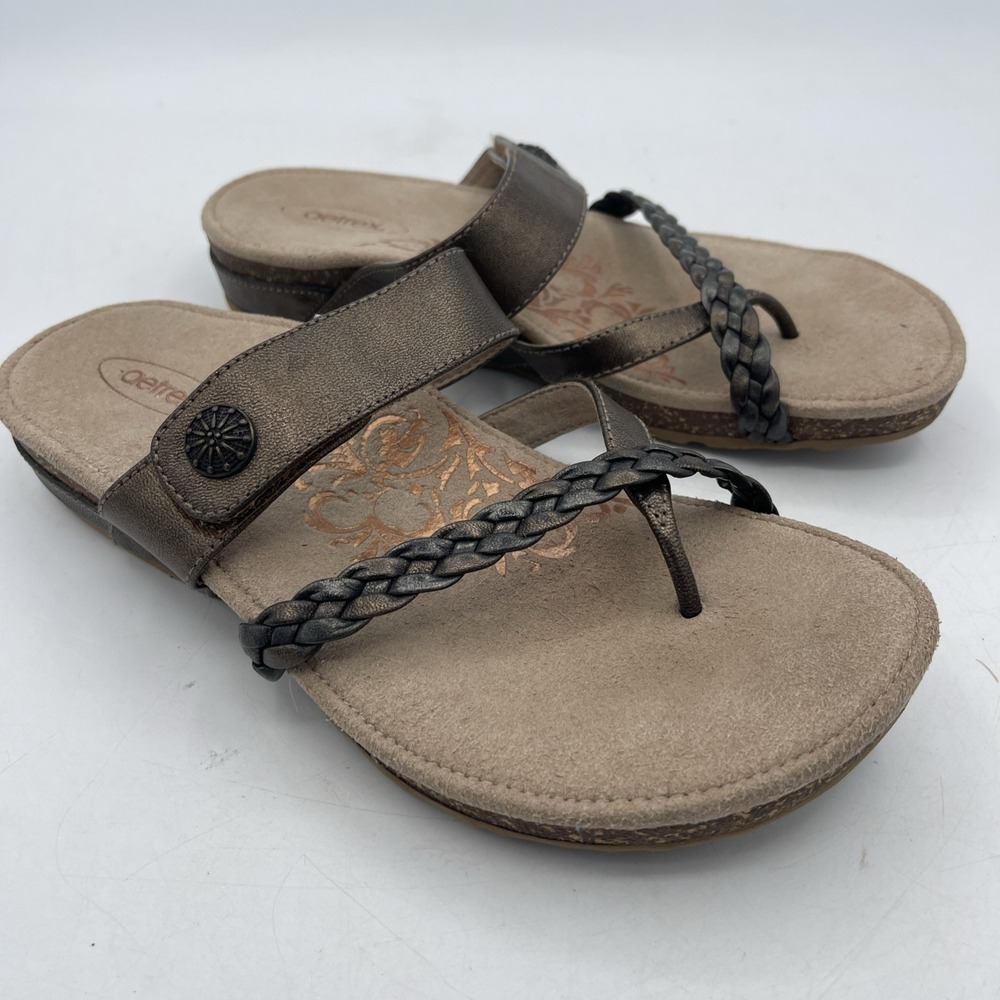 Aetrex Sandal Janey Orthopedic Braided Leather Bronze Comfort Sz 5.5 Slide Shoes